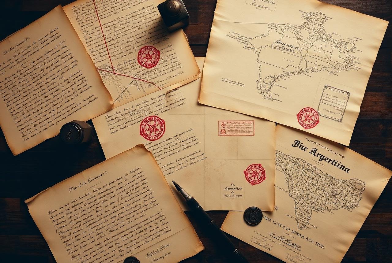 Documentos manuscritos antiguos y mapas sobre una mesa