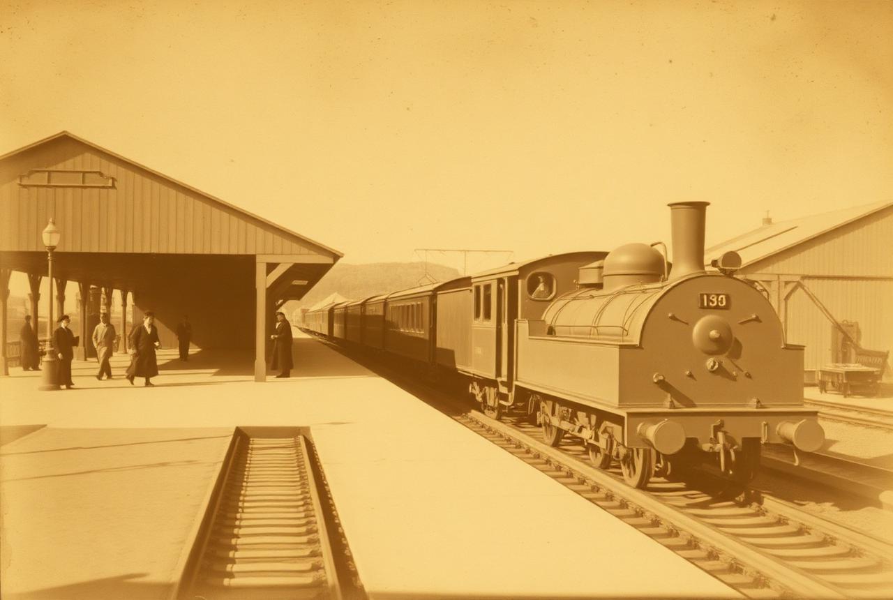 Antigua estación de ferrocarril con locomotora a vapor y pasajeros