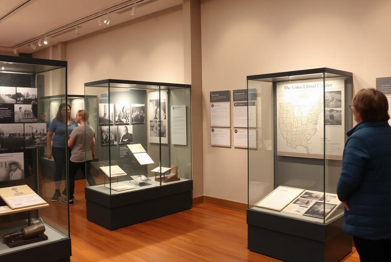 Sala del museo con vitrinas de fotografías, mapas y objetos