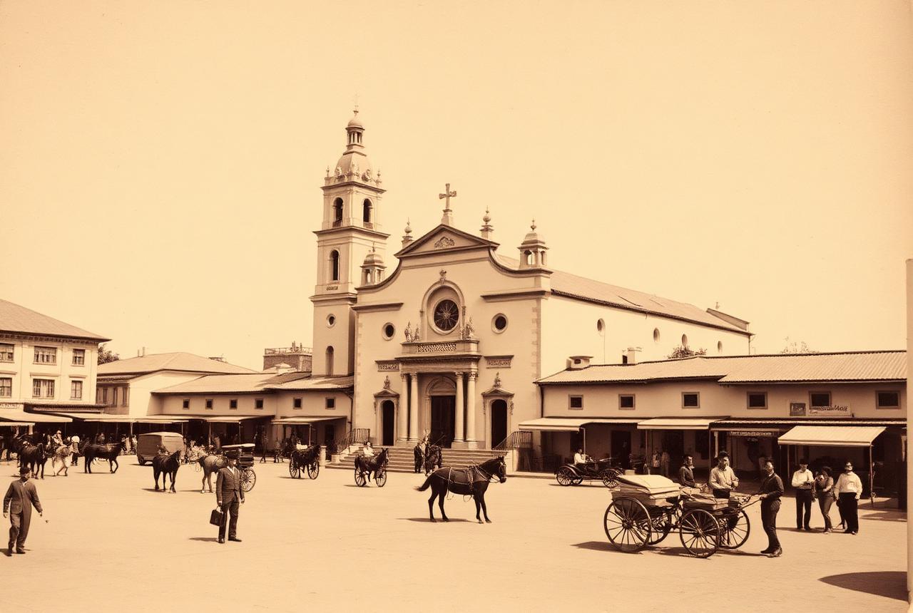 Plaza principal de San Miguel con la iglesia y carros a caballo a comienzos del siglo XX